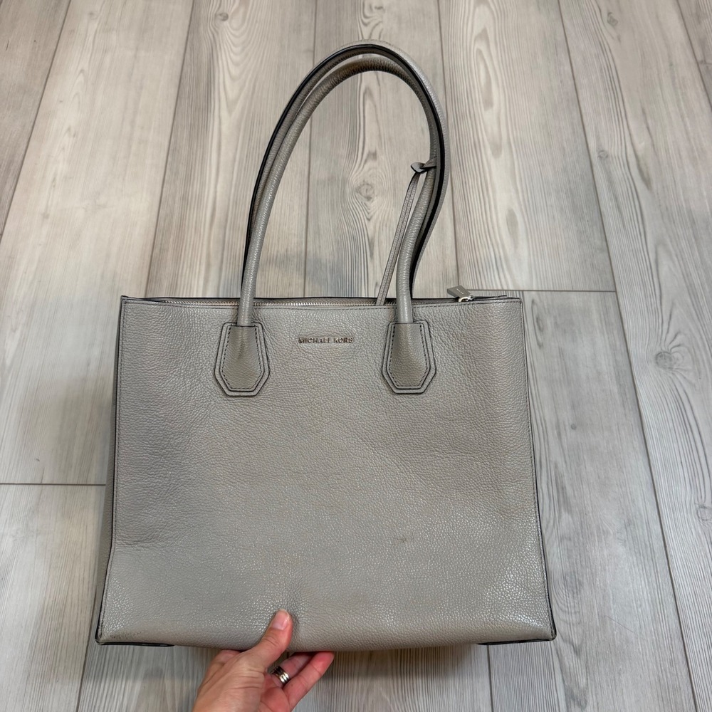 Michael Kors Mercer Large Pebbled Leather Tote Bag Grey Silver Tone Hardware